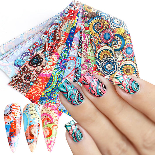 Holographic Nail Foil Transfer Stickers, Colorful Bohemian Polish Sheets, Sky Starry Paper Foils, Flower Decorations for Manicure, Nail Film Supplies With Transfer Glue
