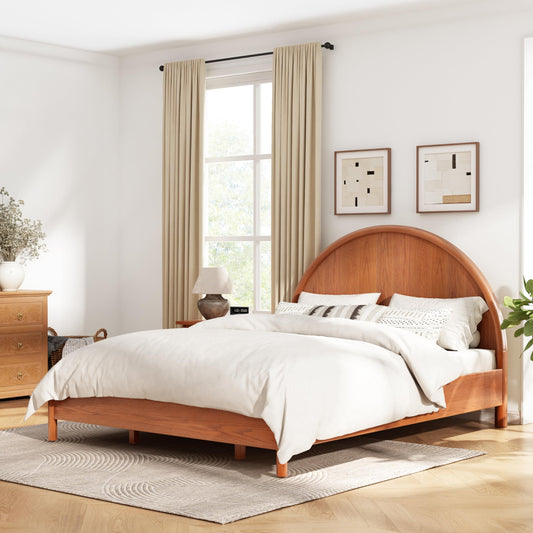 Christopher Knight Home Elsinore Queen Size Bed Frame with Arched Headboard, Modern Wooden Platform Bed, Wood Bed Support and Slats, No Box Spring Needed, Queen Size Beds for Adult, Light Brown
