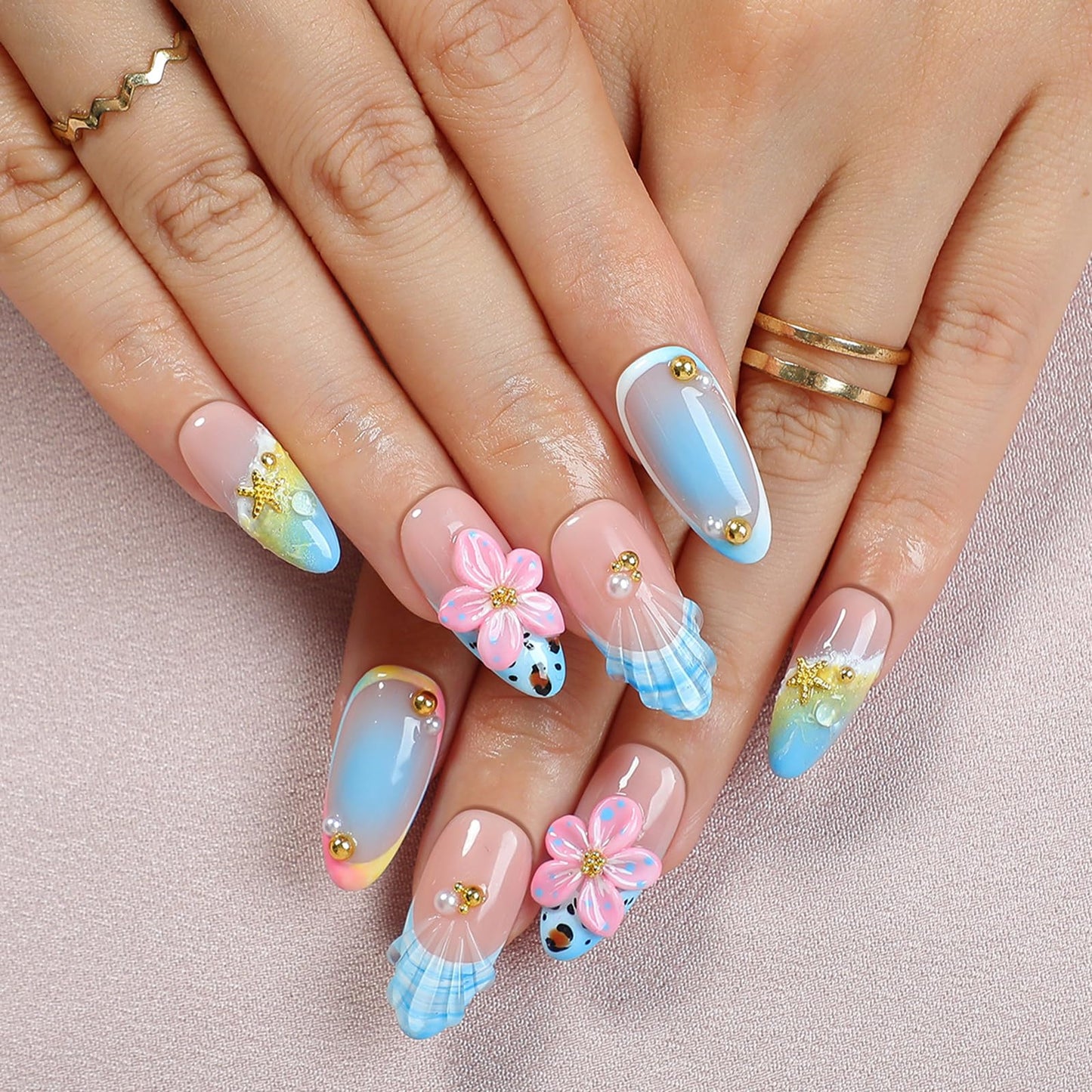 Threelegscat Summer Nails Medium Almond, Press on Nails Pink Nude with 3D Flower Starfish Shell Design,Reusable & Easy to Apply for Women Beach Vacation and Daily Wear Size M10PCS