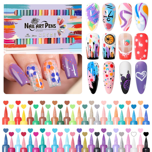 GELLAKTIK 48 Colors(24Pcs-dual) Nail Art Pens Set, 3D Nail Polish Pens Quick-Drying Acrylic Paint Markers, Dotting Liner Brush for DIY Nail Design, Home & Salon Manicure Tools, MarkerPen