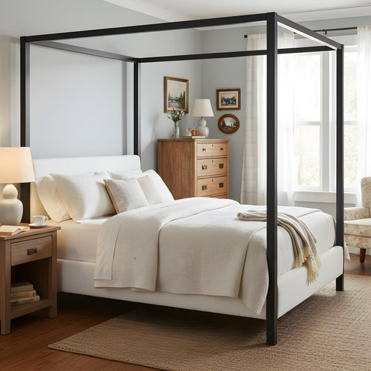 Merax Modern Queen Szie Metal Canopy Bed with Plush Bouclé Upholstery,Four-Poster Bed with Wood Slat Support,Padded Headboard & Side Rails,No Box Spring Needed,Luxury Bedroom Furniture,White+Black