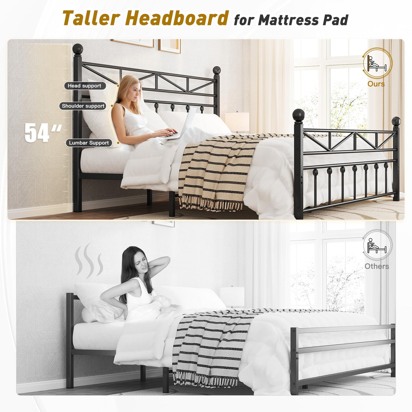 EnHomee 54" Metal King Bed Frame with Tall Headboard & Footboard, LED Light King Bed Frame, Strong Metal Slats Support and Noise-Free Design with Under Bed Storage/No Box Spring Needed/Black