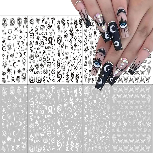 DZPGUONIZ 10 Sheets Black White Nail Art Stickers Snake Nail Decals Star Moon Star Rose Leaf Flame Nail Art Supplies Butterfly Acrylic Nail Supplies 3D Goth Snake Nail Design Stickers DIY Nail Decor