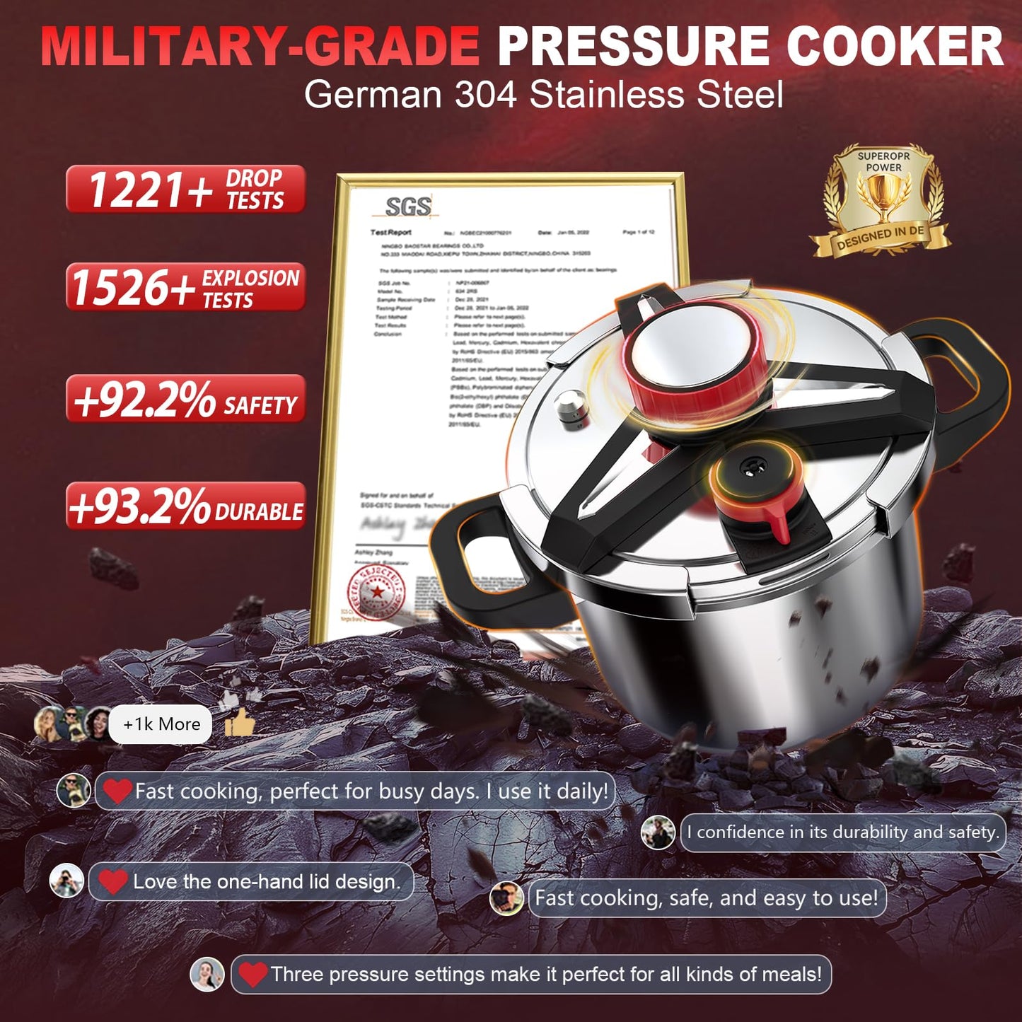 3-In-1 304 Stainless Steel Pressure Cooker 13 Quart: [Explosion-Proof] [3 PSI Settings], One-Hand Locking Pressure Canner, Induction Compatible, Glass Lid & Steamer Rack Included, Olla de Presion
