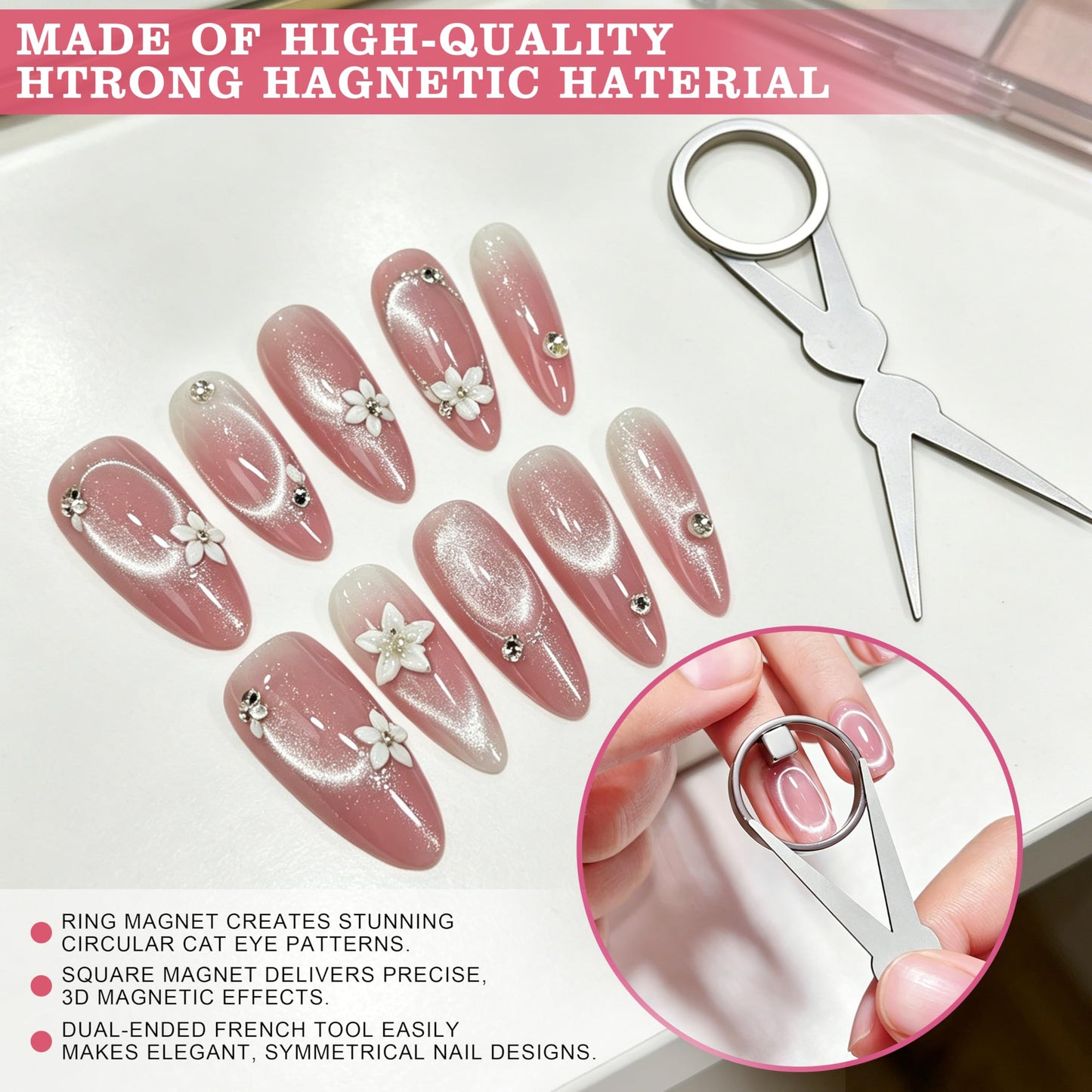 New Cat Eye Nail Magnet Tool Set, Ring-Shaped Cat Eye Magnet for Nails, Portable Hollow Circular Cat Eye for Home DIY, Beginners & Nail Artists (2*Circular Magnet+2*Two Tip Scissor Tool+2*Tool Kit)
