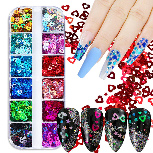 Love Heart Nail Art Glitter Sequins, 12 Colors Holographic Hollow Heart Shapes Nail Flakes Designs, 3D Laser Sparkly Big Small Hearts Nails Supplies for Women Manicure Decorations, DIY Shiny Crafts