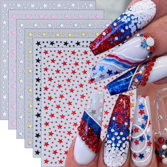 6 Sheets Self Adhesive Star Nail Stickers for Nail Art 3D Mini Glitter Gold Silver White Red Black Stars Nail Decals Starlight Independence Day Nail Art Stickers for Women DIY Star Nail Decorations
