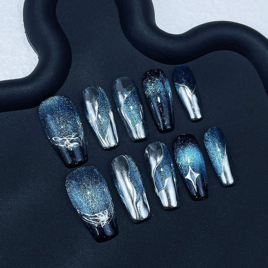 LIFOOST Nails Handmade Press On Medium Coffin Silver Blue Magnetic Cat Eye Fake Nail Luxury Star River False Nail Tips,10 Pcs Size Small