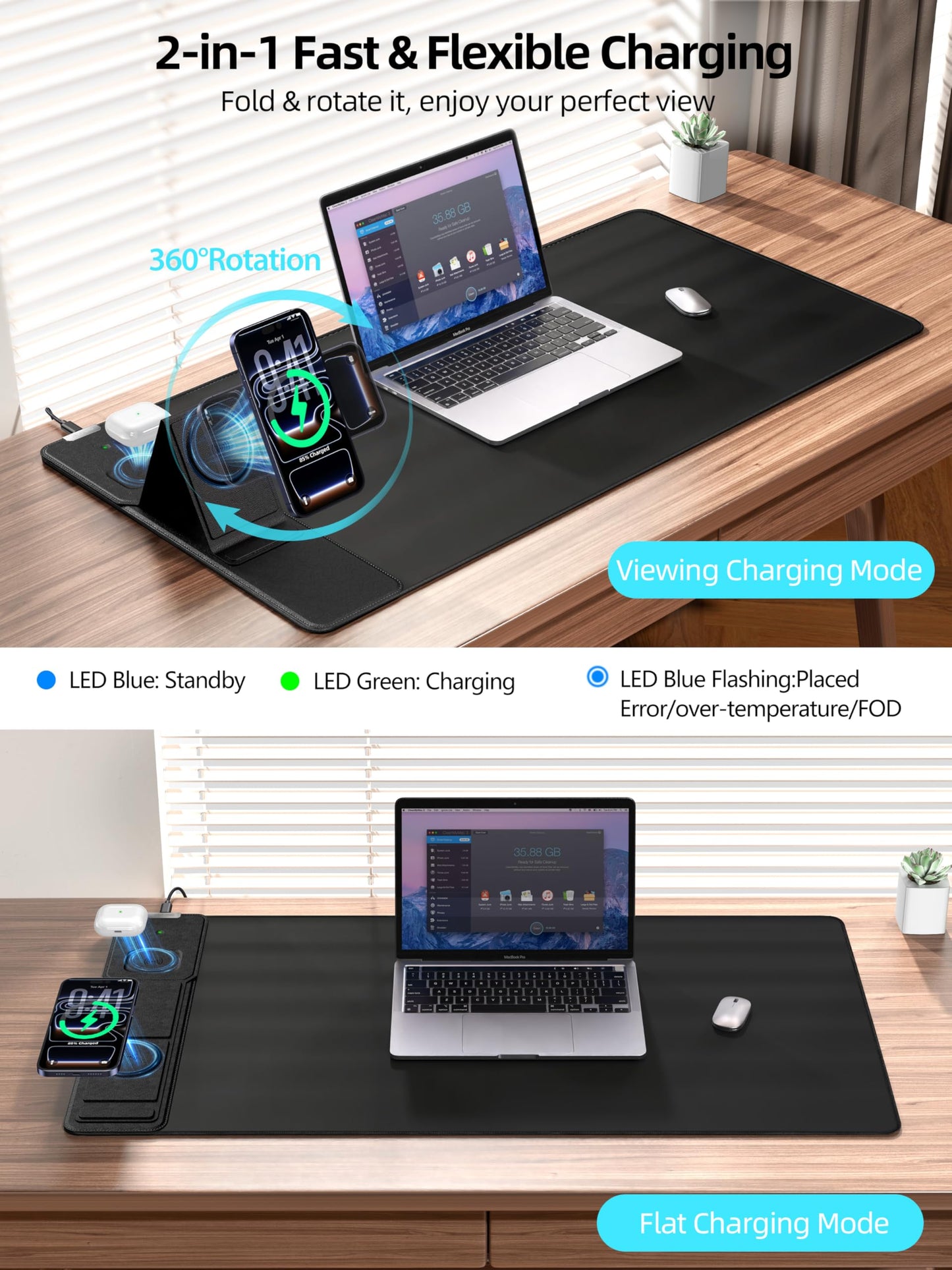 Mouse Pad with Magnetic Wireless Charging & Adjustable Phone Stand, 31.5"x15.8" Extended Desk Mat, Waterproof Ultra-Smooth Keyboard Pad, Non-Slip Base, Black