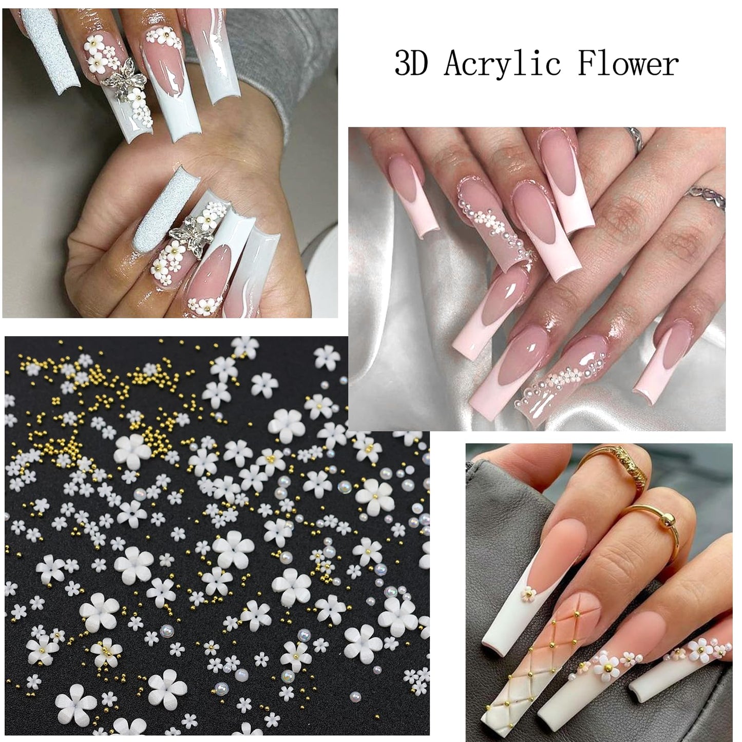 SEMATA 3D Flower Nail Art Charms Mixed Size White Nails Gems Flatback Nail Pearls White Flower Nails Art Accessories Decoration Design for Women