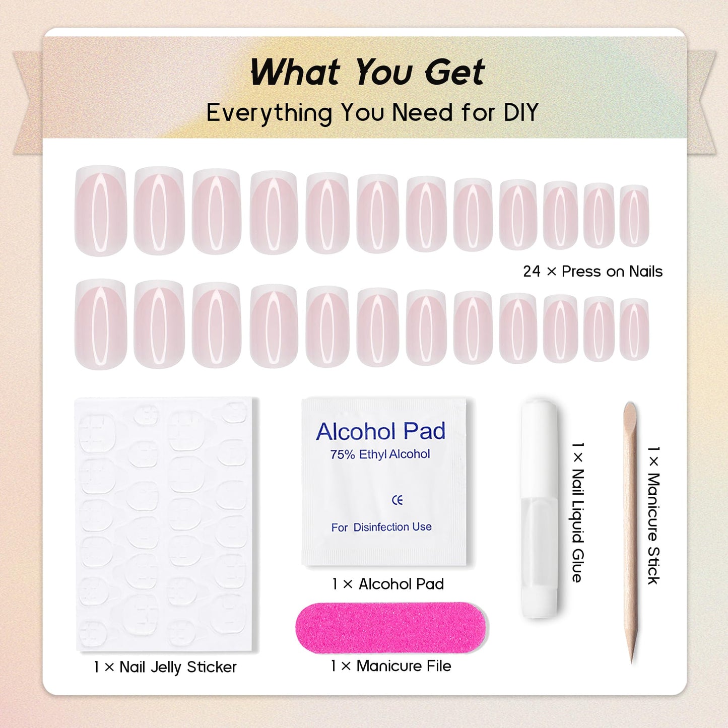 Qsnidy Press on Nails Square - White French Pink Fake Nails Medium Acrylic Glossy Full Cover Stick On Nails for Women and Girls Daily Wear, Natural Fit Glue on Nails in 12 Sizes - 24 Nails Kit