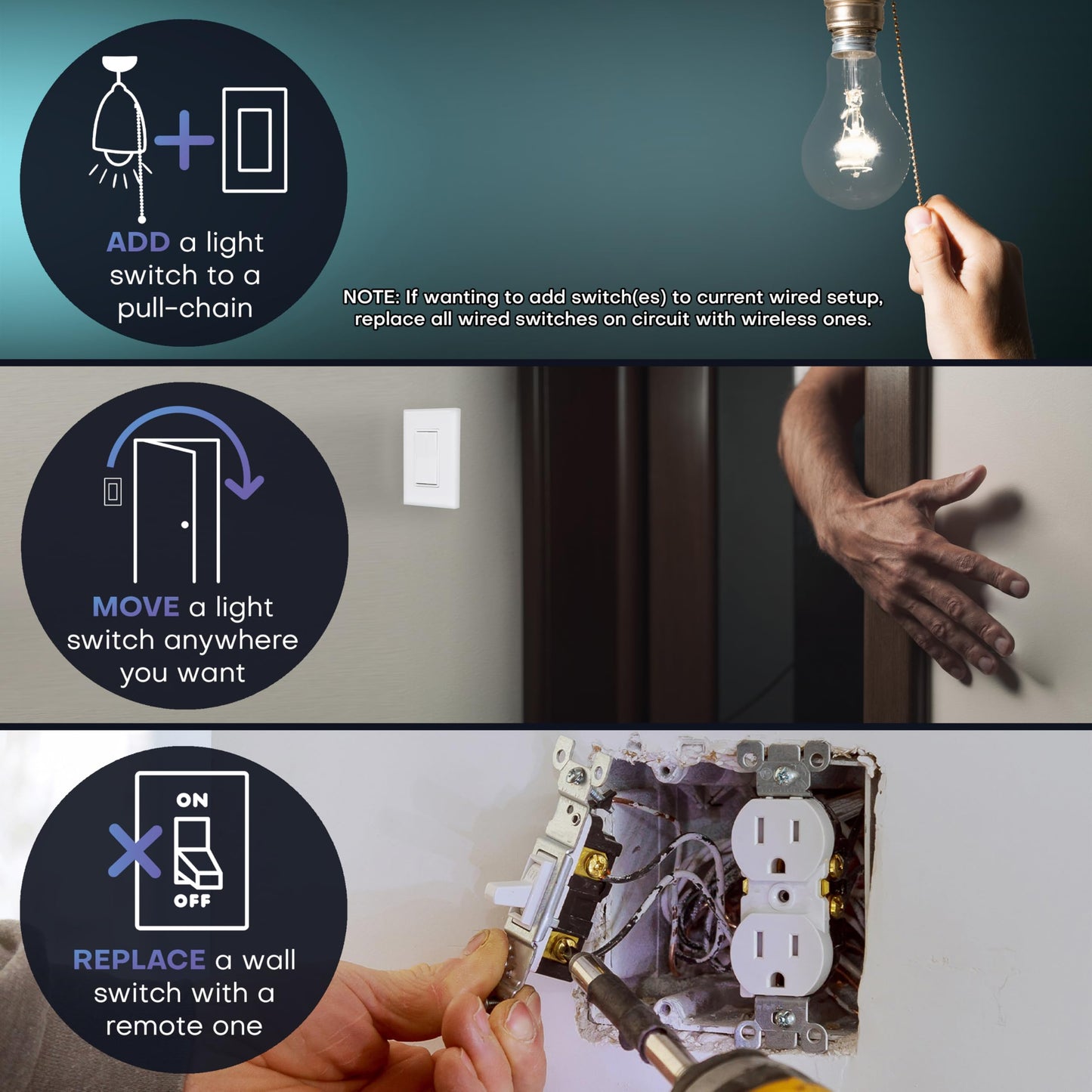 RunLessWire 4-Way Battery-Free DIY Wireless Light Switch Kit 150ft RF Range Self-Powered by Kinetic Energy for Hallways & Stairways: 3 Remote Switches Control 1 5A On/Off Receiver White