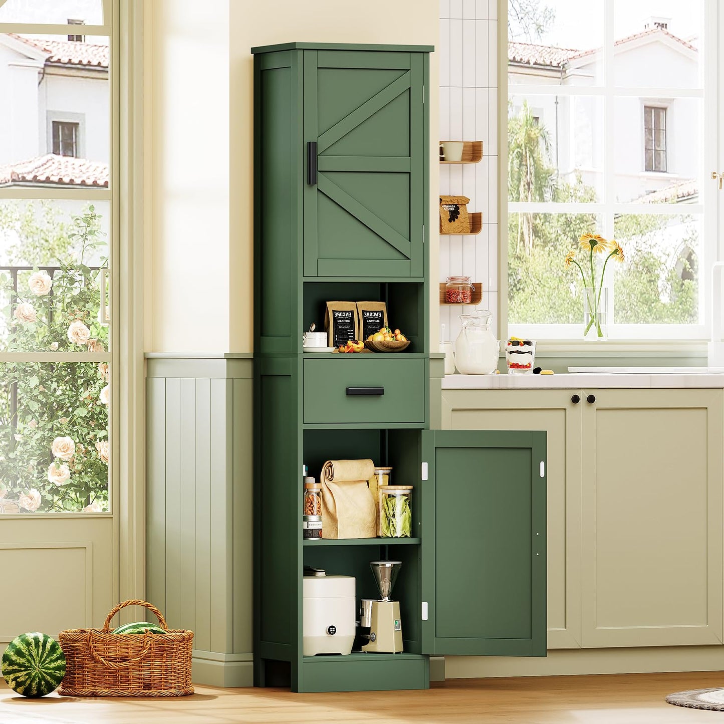 TEENFON 67" H Tall Bathroom Storage Cabinet with Barn Doors and Drawer, Narrow Bathroom Cabinet, Narrow Storage Unit, Adjustable Shelves, Floor Cabinets for Living Room, Forest Green UNSNG091V