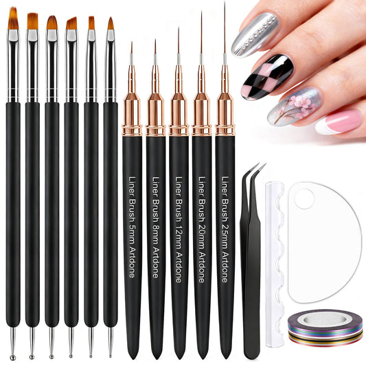 Artdone Nail Striping Tape Lines Kit With Nail Art Pens Dotting Tools And Liner Brushes For Gel Polish Small Detail Drawing Design Paint