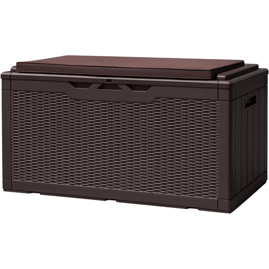 Devoko 100 Gallon Deck Box, Waterproof Resin Outdoor Storage Box with Cushion for Outside and Patio, Large Outdoor Storage Bench Cabinet Lockable for Patio Furniture and Garden Tools (Deep Brown)