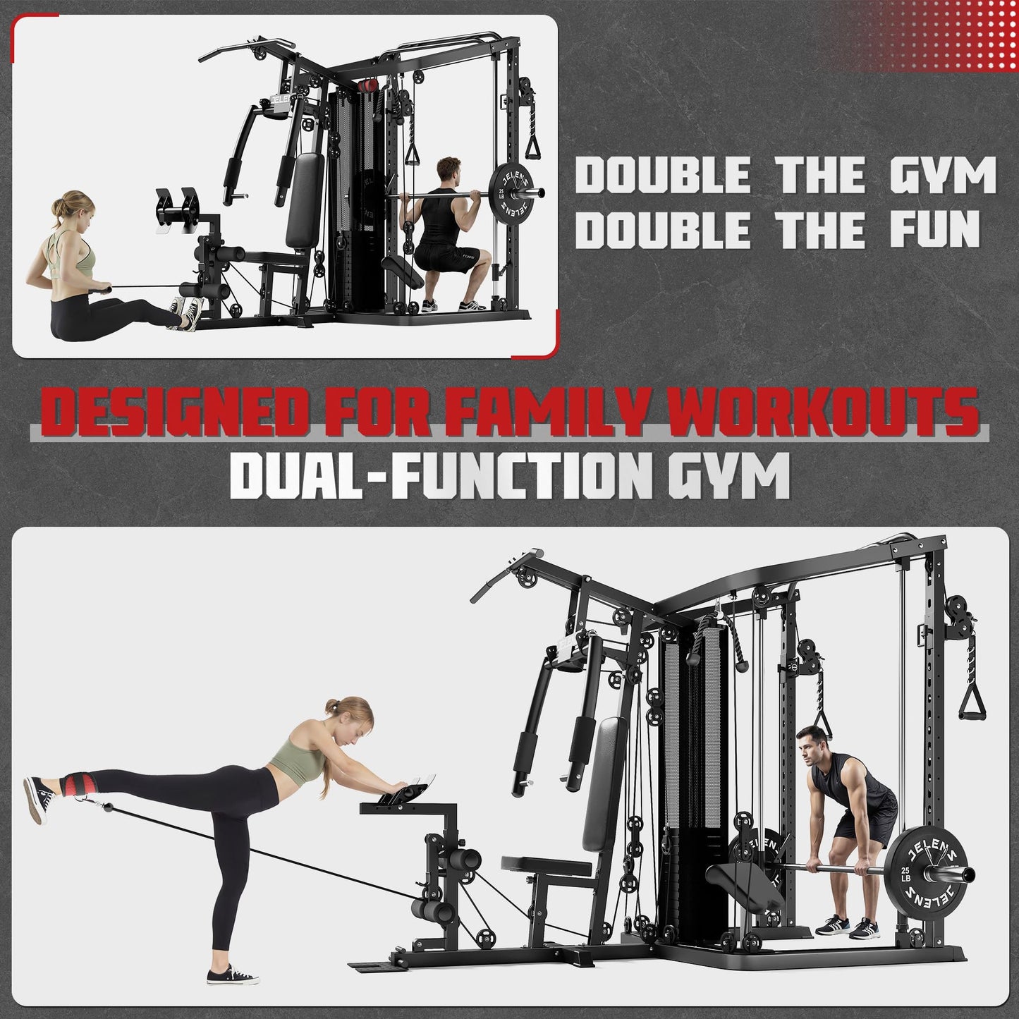 JELENS Home Gym System, 150LB Weight Stack Smith Machine with LAT Pull-Down & Leg Press, All-in-One Strength Training Equipment, Workout Station for Workout (Black, 190LBS Black Weights Package)