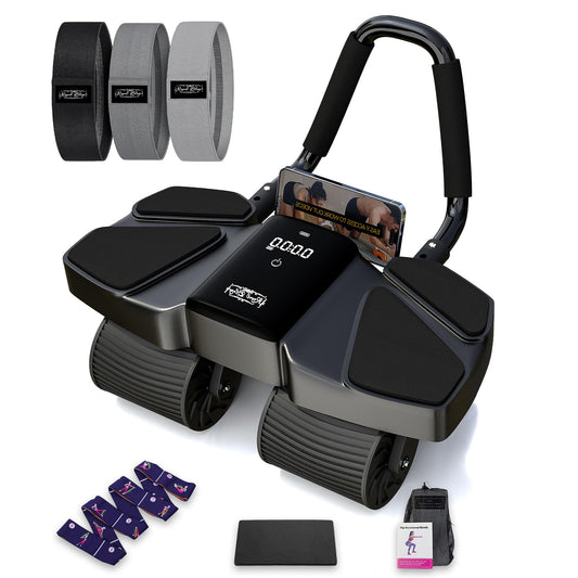 Ab Roller Home Gym Equipment – 4 Wheels Ab Wheel Muscle Roller, Yoga Stretching Strap, 3 Resistance Bands – Comfortable Elbow Support with Non-Slip Handles