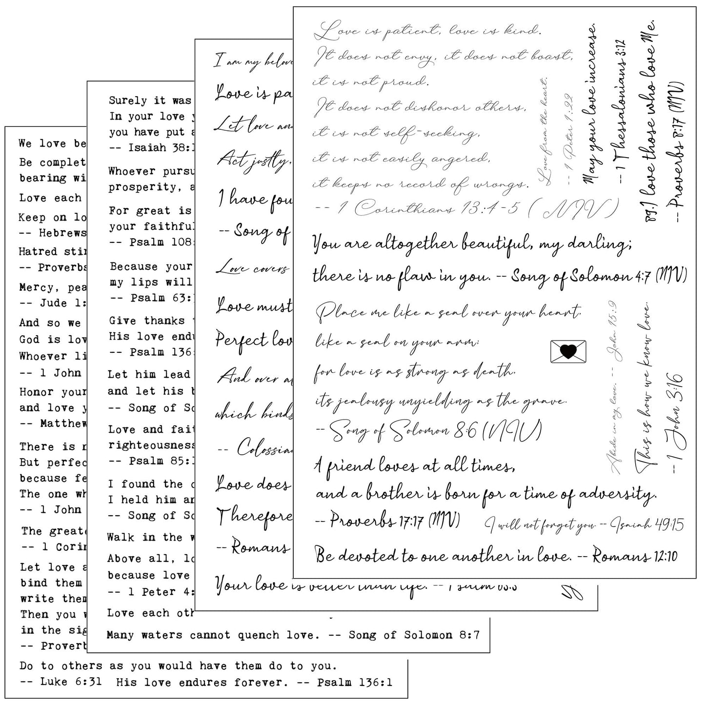 Esland Bible Verses Planner Stickers – 4 Sheets of Love Quotes, Retro Typewriter & Hand Lettering Styles, Inspirational Christian Stickers for Journaling, Scrapbooking, Bible Study, and Crafts