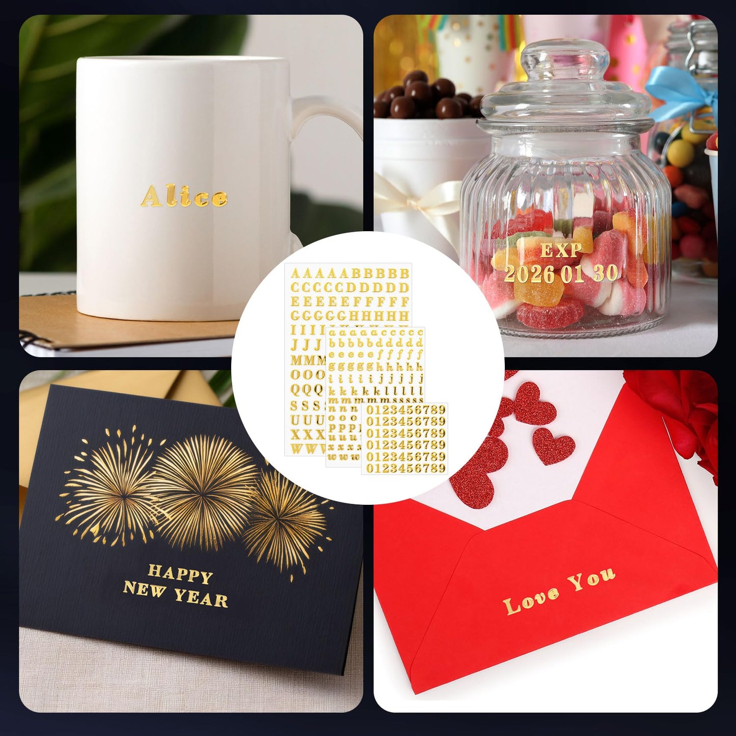 OIIKI 640pcs Small Metal Letter Number Stickers, 3D Self-Adhesive Mini Letter Stickers, 4.5mm Glitter Alphabet Number Decals Decoration Supplies for Scrapbook Nail Keyboard DIY Crafts- Gold