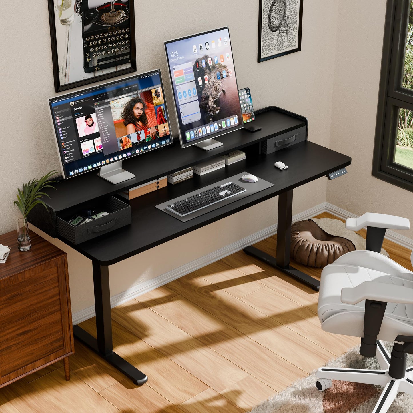 YESHOMY 63" x 23" Electric Standing Desk with 2 Drawers, Height Adjustable Computer Desk, Low Noise Home Office Stand Up Desk with 2 Preset Heights & 2 Hooks, Black