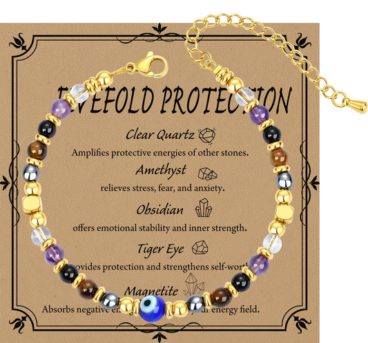 QINJIEJIE Evil Eye Bracelet for Women Fivefold Protection Gifts Black Obsidian Tigers Eye Evil Eye Beads Healing Crystal Guardian Bracelet Gift for Women Friends