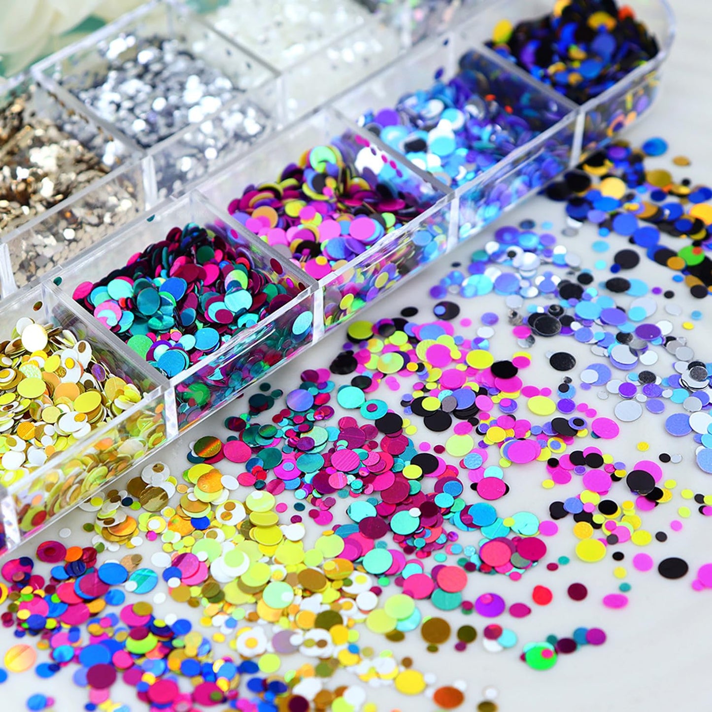 12 Grids Polka Dot Round Sequins Mixed with Colorful Nail Art Glitter Kit - Colorful Round Nail Art Flake Nail Paillette Mixed Rounds Thin Dot Y2K Shiny 3D Nail Stickers for Women DIY Manicure