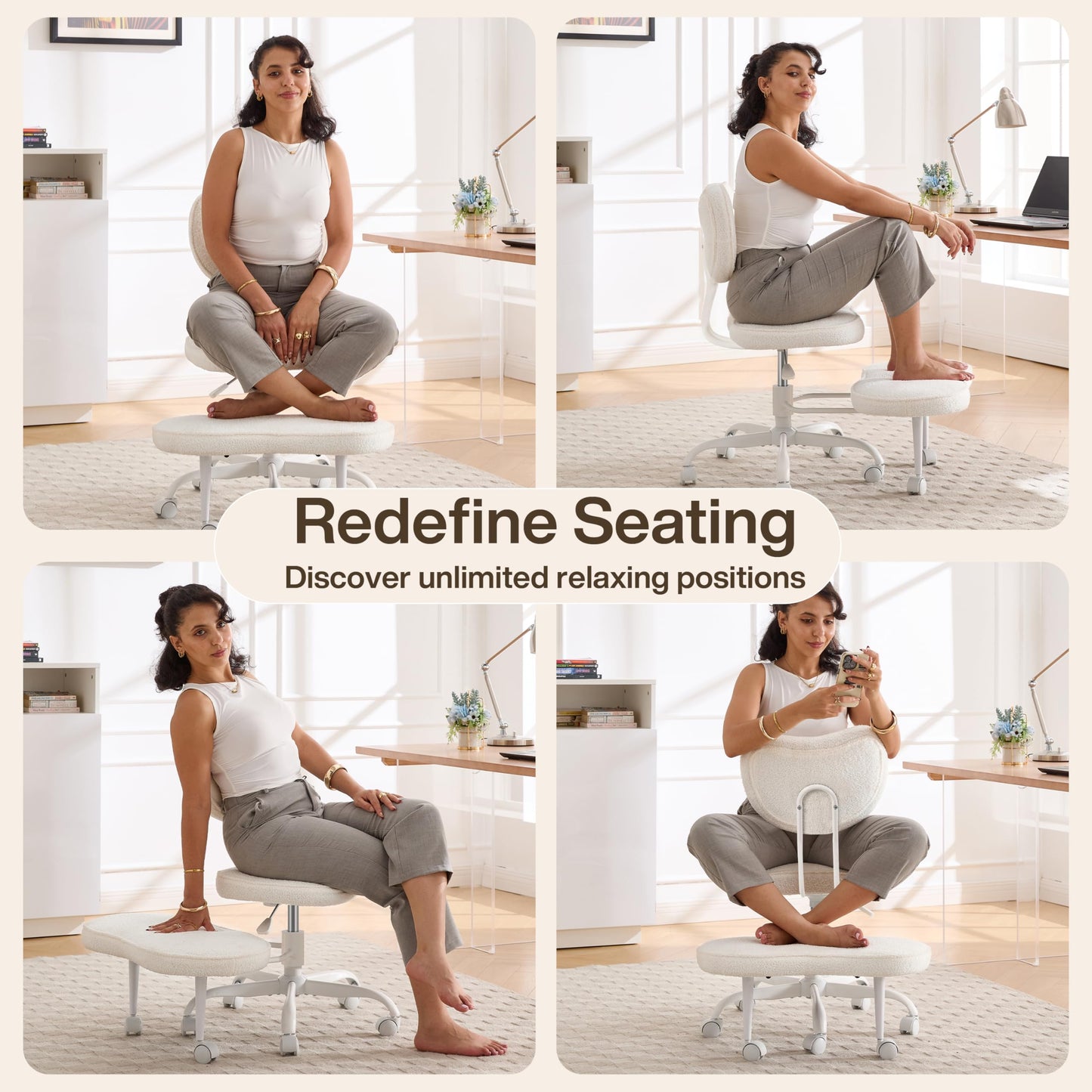 Fizzin Cross Legged Office Chair, Criss Cross Chair with Wheels Height Adjustable Seat for ADHD 360° Swivel Meditation Chair Chic Home Office Furniture (White-New)