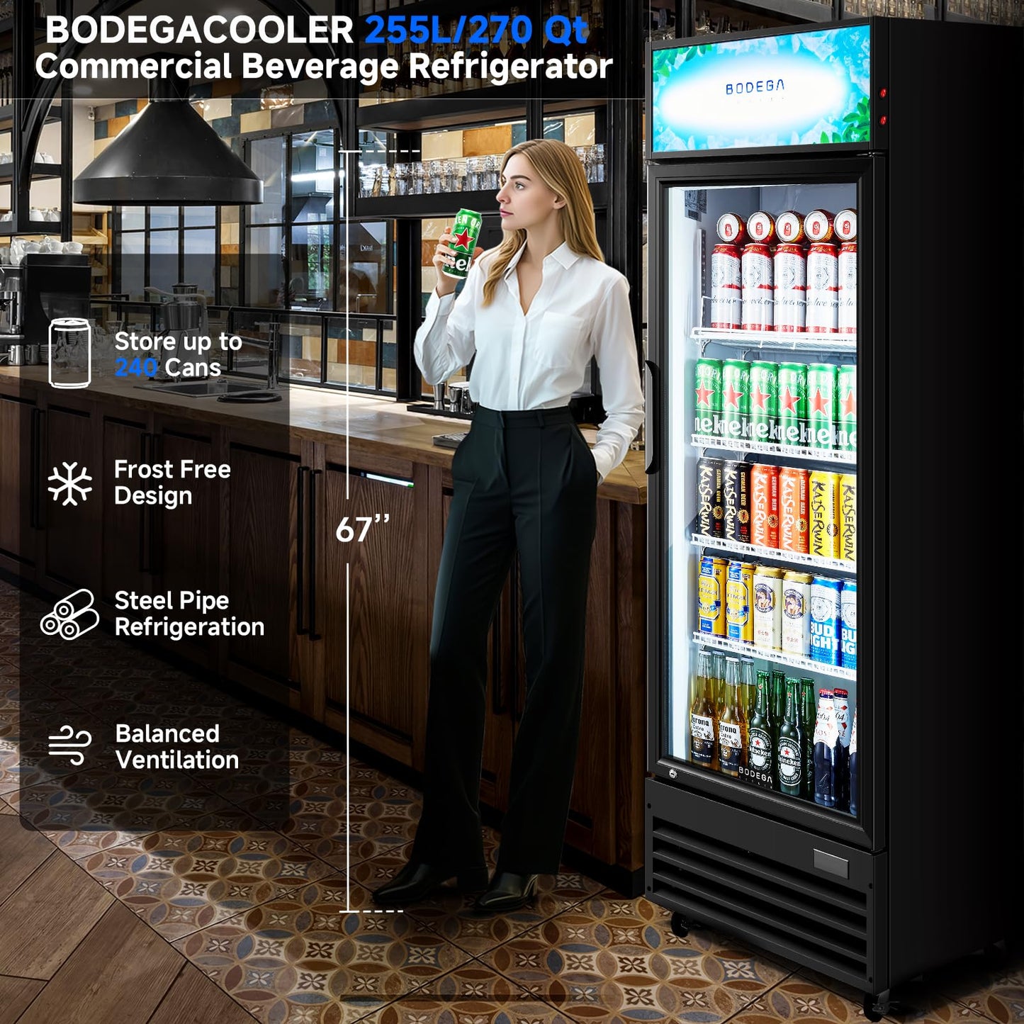 BODEGACOOLER 255L/270 Qt Commercial Beverage Refrigerator | Glass Door Merchandiser Fridge with LED Light, 32°F-50°F Temp, Energy-Saving & Magnetic Seal, 4 Adjustable Shelves for Bar/Office/Kitchen