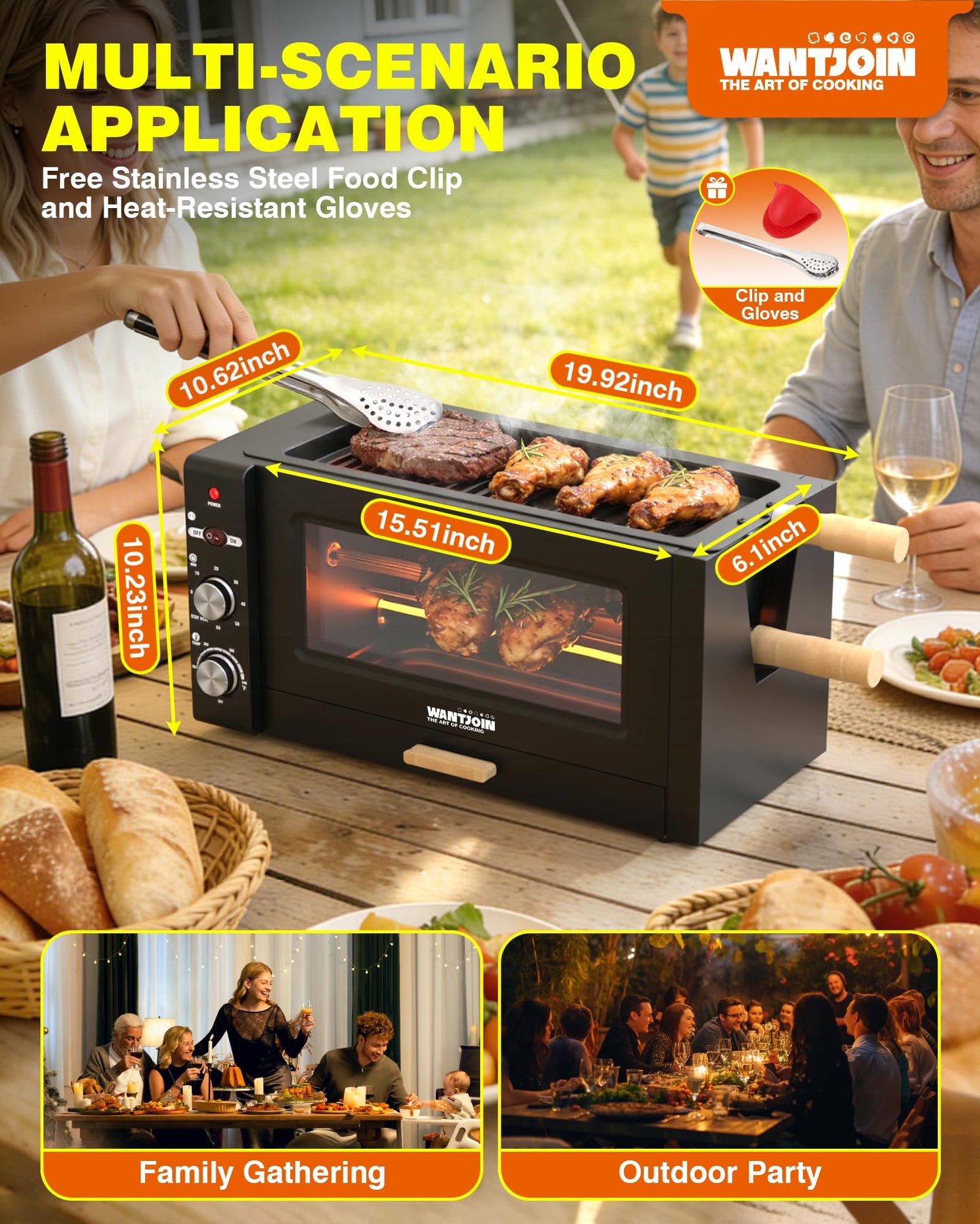 WantJoin Electric Rotisserie Oven - 26QT 3-Layer 3-in-1 Rotisserie Oven For Simultaneous Cooking, 360°Auto-Rotate Heating, Visible Glass Door, Rotisserie Cooker for Home Kitchen & Party Use 1800W