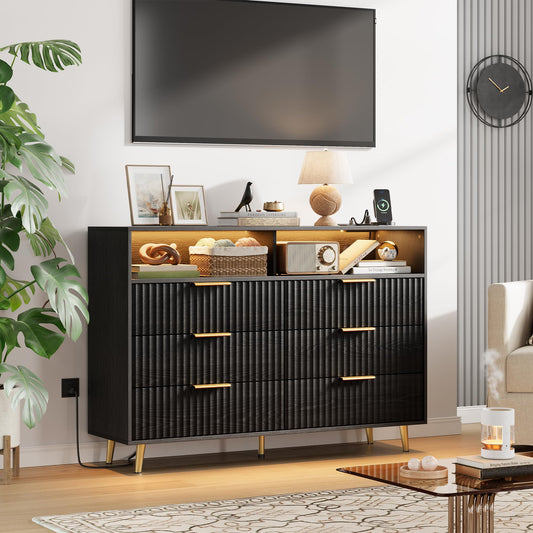 Garvee 53.9" Wide Luxury 6 Drawers Dresser with LED Lights & Charging Station, Curved Fluted Wood Chest of Drawers with Gold Handles, Modern Storage Cabinet for Bedroom Living Room, Black