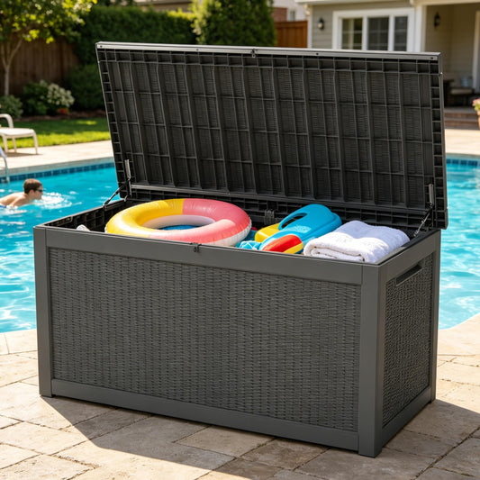 LAUSAINT HOME 280 Gallon Colossal Resin Deck Box with Hydraulic Pistons - Grand Estate Size Waterproof Outdoor Storage Bench, Lockable Patio Furniture Locker for Pool and Backyard (Black)
