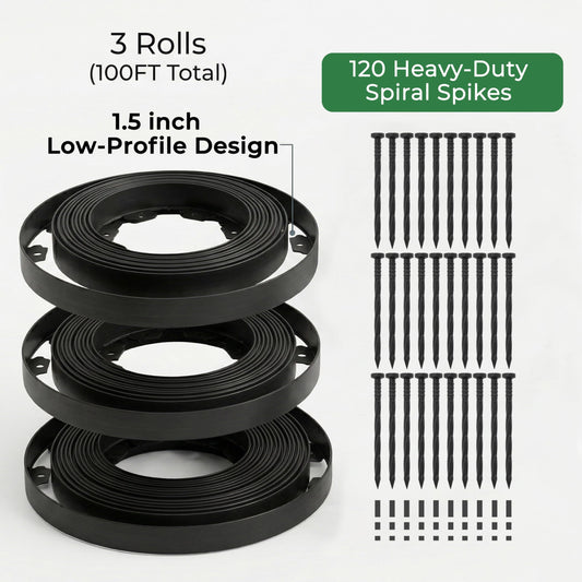 Gardzen 1.5" x 100' Landscape Edging Kit, Garden Edging Coil Comes with 120 Pcs Spikes, No Dig Lawn Border