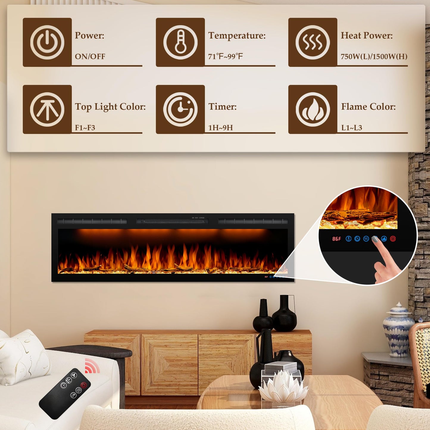 Dreamflame 40inch Electric Fireplace, Recessed& Wall Mounted Fireplace Heater with Larger Screen, Colorful Flame Warm and Decorate Home with Remote Control, 750W/1500W, Black