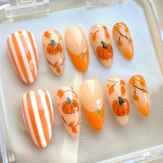 30Pcs Fall Press on Nails Medium Almond French Tip Fake Nails Maple Leaf Pumpkin False Nails with 3D Pearl Design Thanksgiving Orange Glossy Artificial Stick on Nail Full Cover Glue on Nails for Women