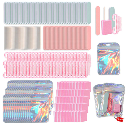 Disposable Manicure Kit Professional, 50 Set Press On Nail Tool Kit with Nail File, Nail Buffer, Nail Buffer Block, Nail Handle Brush, Wood Stick, Packaging Bag (Pink-50pcs)