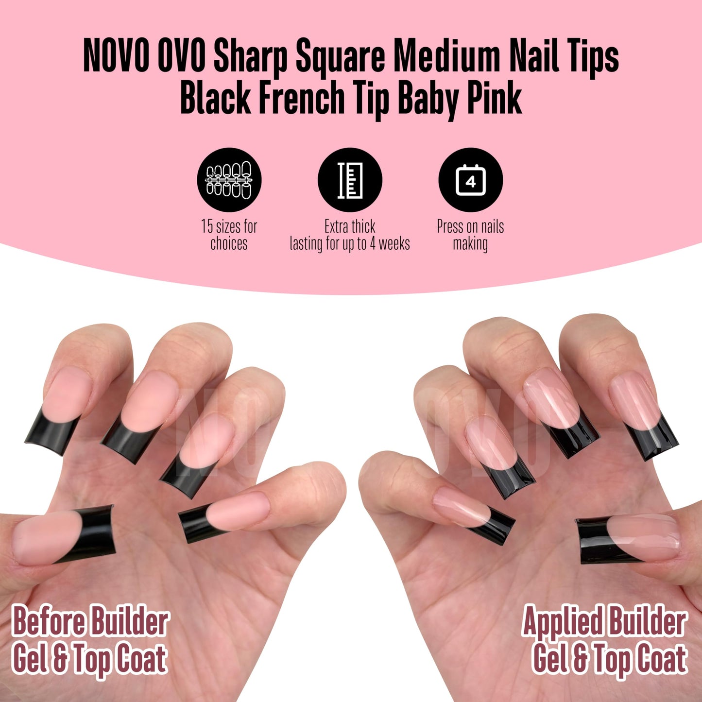 NOVO OVO Soft Gel Nail Tips Square Medium - Black French Tip on Baby Pink Base, 180Pcs Full Cover False Nails for Gel X Extension, Sharp Shape Pre-Designed Press on Nails for DIY Home Salon (15 Sizes)