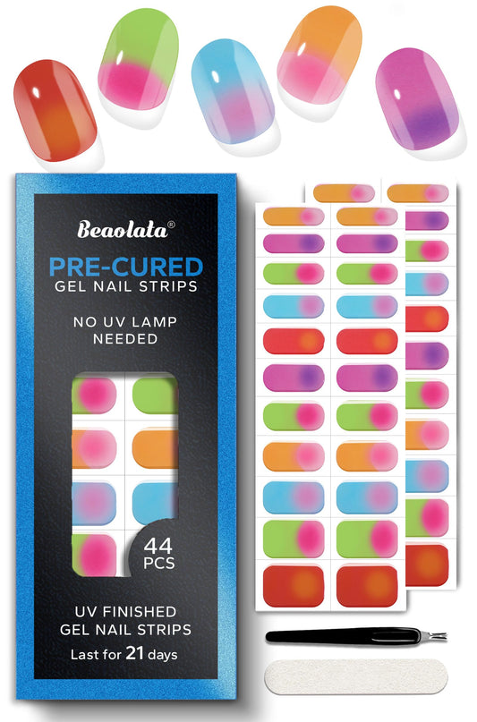 Beaolata Real Gel Nail Strips (No UV Light Needed) - 44Pcs Salon Quality Nail Stickers - Long Lasting Polish Wraps for Women, Easy Apply & Remove (Joy Bomb Pink)