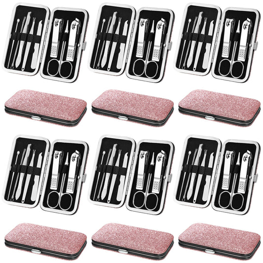 Geosar 12 Sets Manicure Set Nail Clippers Pedicure Kit 8 in 1 Grooming Stainless Steel Kits Nail Care Tools with Travel Case for Employee Coworker Teachers Nurse Gifts(Glitter Pink)