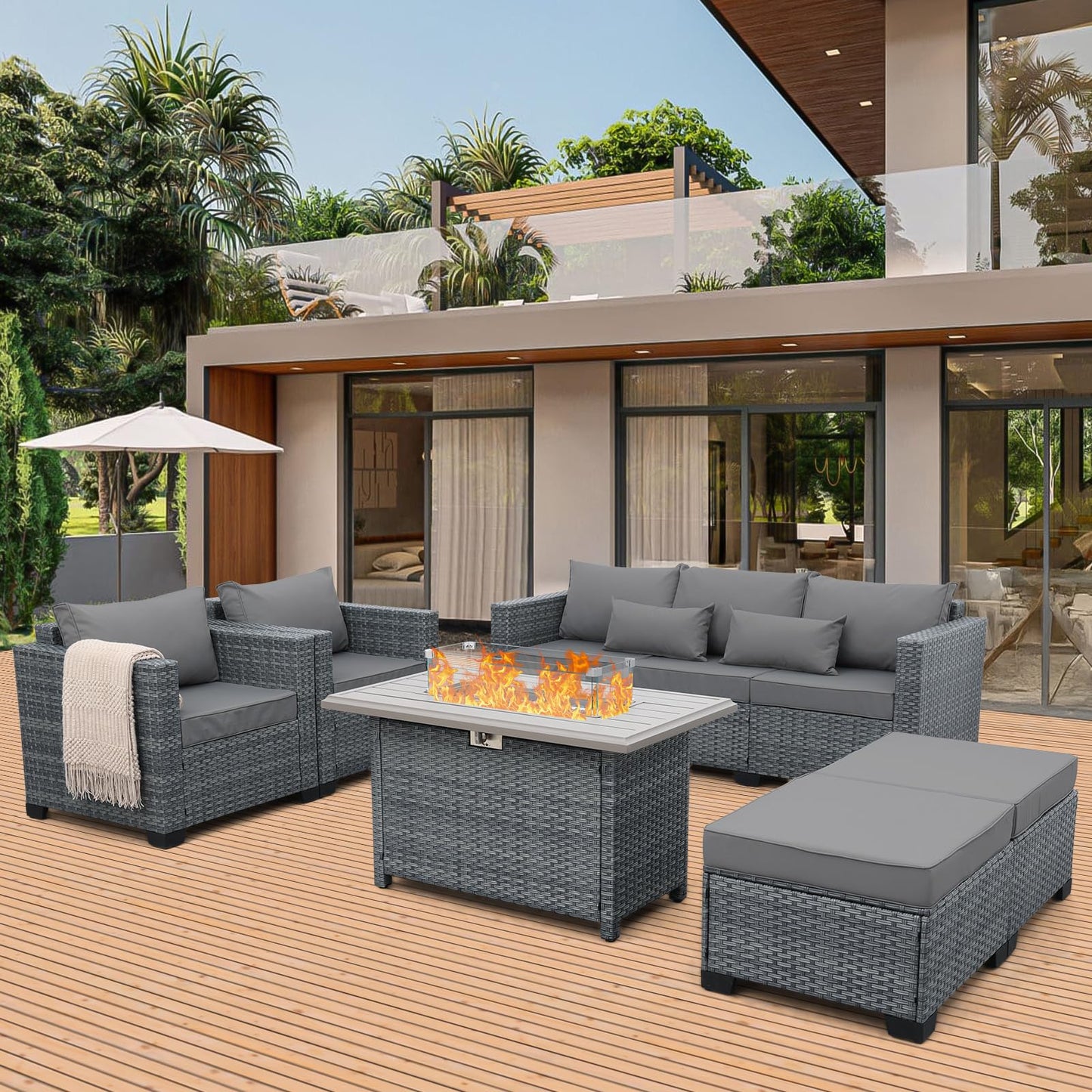 Lviden 6 Pieces Wicker Patio Furniture Sets Outdoor Conversation Set HDPE Rattan Sectional Sofa Couch with 45" Fire Pit Table and Grey Cushions