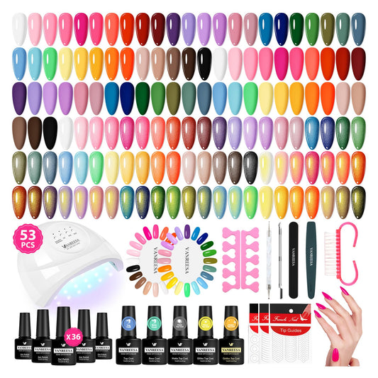 VANREESA Gel Nail Polish Kit with U V Light 53 Pcs Gel Polish Nail Set 36 Popular Colors Nail Polish Set + Base and 4 Effects Top Coat with Manicure Tools Complete Nail Kit Gifts for Women Girls