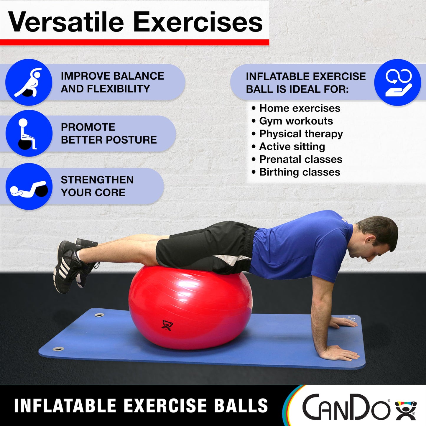 CanDo Inflatable Exercise Ball - Red 22", Durable Extra Thick Non-Slip Stability Ball for Core Workouts, Yoga, Pilates, Active Seating, Physical Therapy, Pregnancy, Home Gym, Flexibility