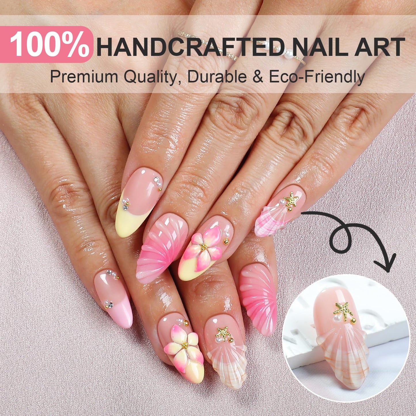 HOMSERA Handmade Press on Nails Almond with French Tips, 3D Flowers Pearl Water Ripple Design Fake Nails, Summer Beach 10pcs Acrylic Nail Kit, Gifts for Women