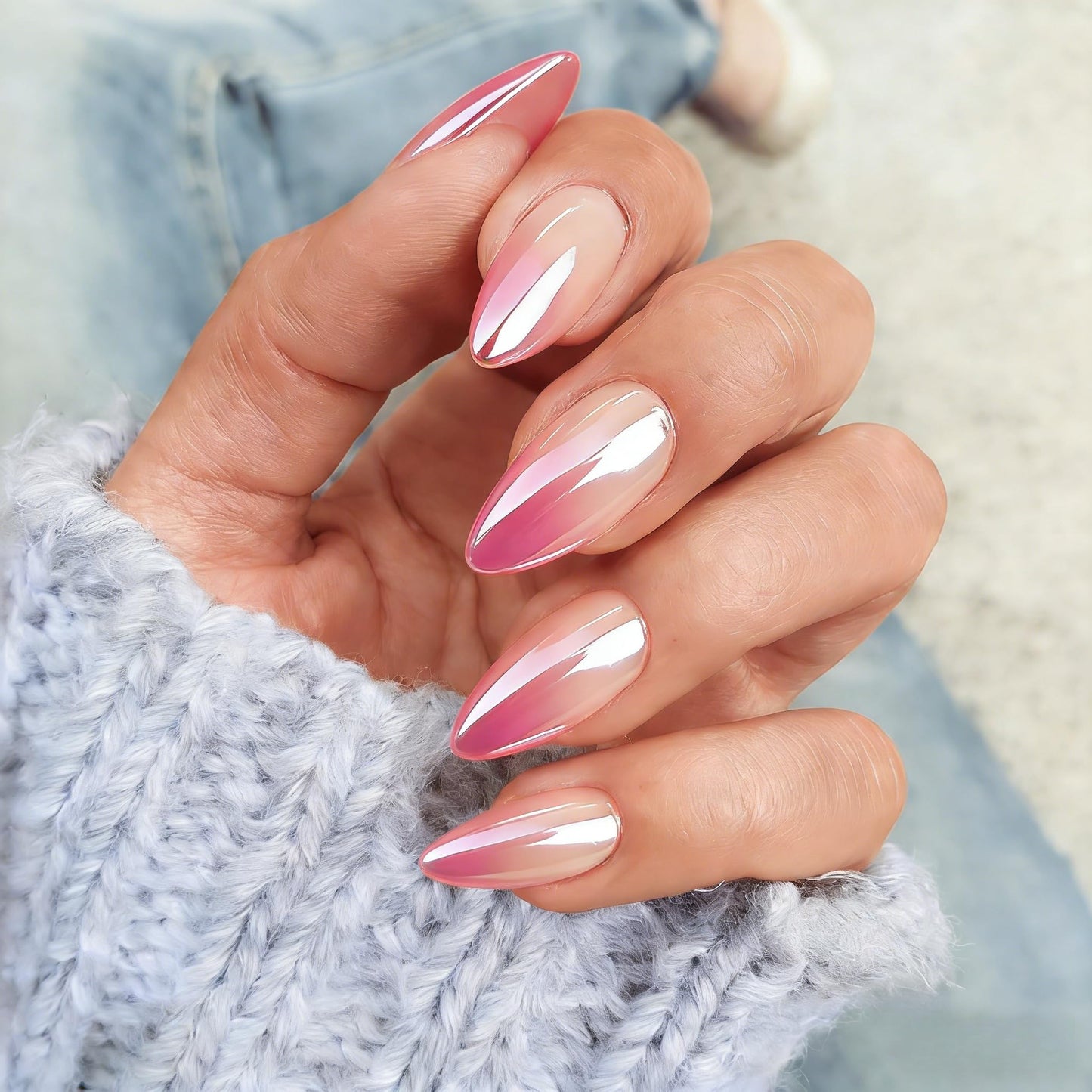 Ombre Hot Pink Press On Nails Almond - KQueenest Chrome French Press On Nails Medium, Glazed Soft Gel Fake Nails Press ons, Glitter Glue on Nails Medium Stiletto, Stick On Nails for Women, 24 Pcs
