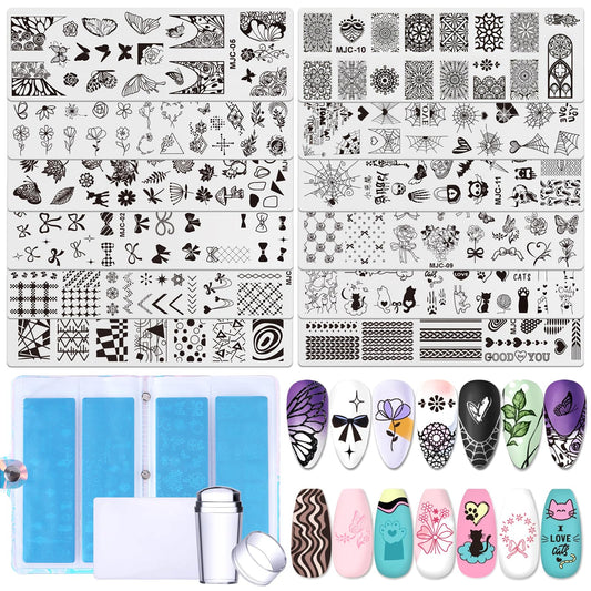STZPRONAIL Nail Stamping Plate Set - 15pcs Nail Stamping Kit with Flower Lace Butterfly Holiday Nail Stamper Scraper Storage Bag Reusable Stainless Steel Nail Stencil DIY Salon Manicure Tool Supplies