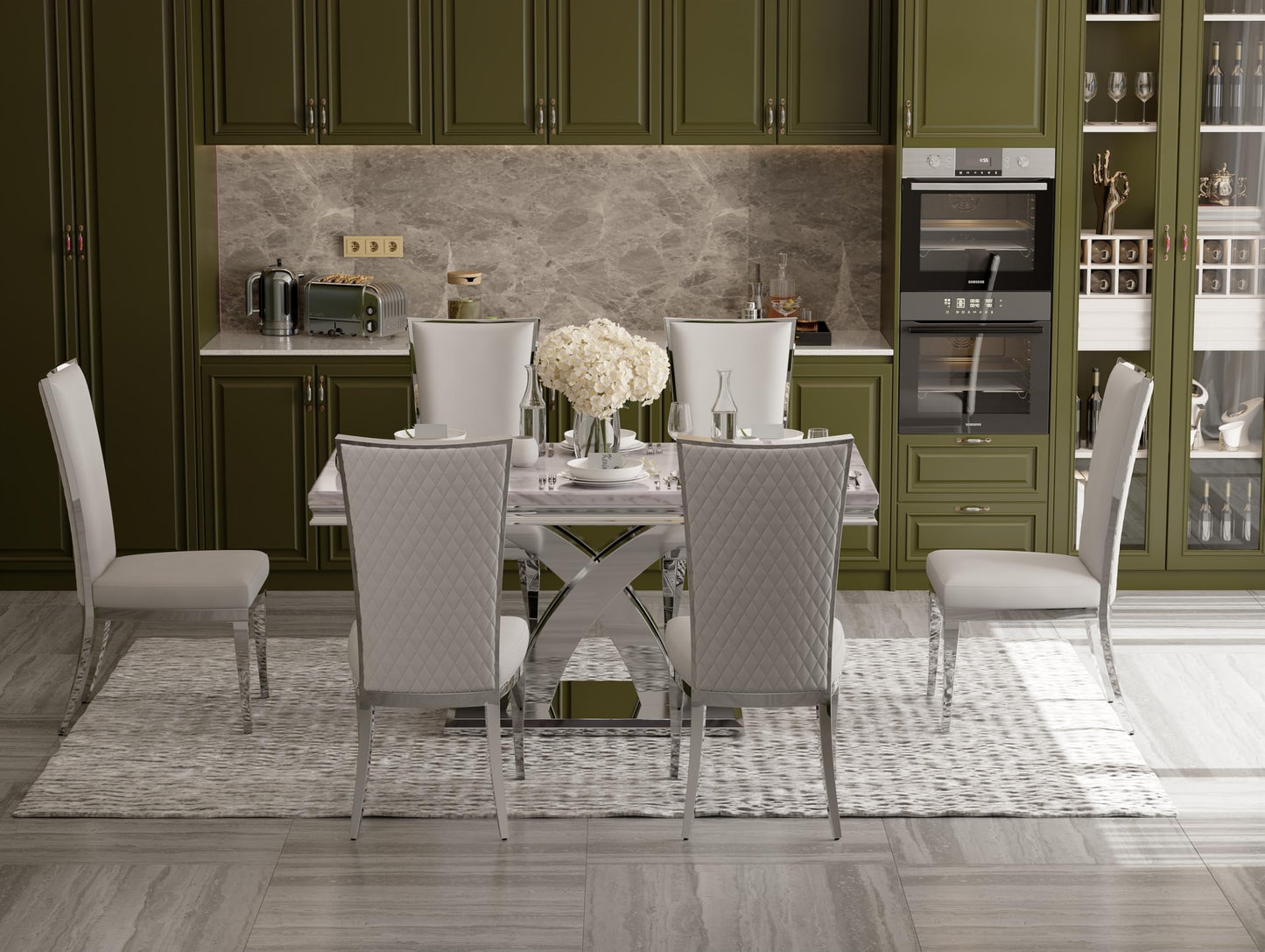 AUZ 7 Piece Dining Room Table Set for 6, White and Silver Kitchen and Dining Room Table Set with 65" Rectangle Table and 6 White Velvet Dining Chairs