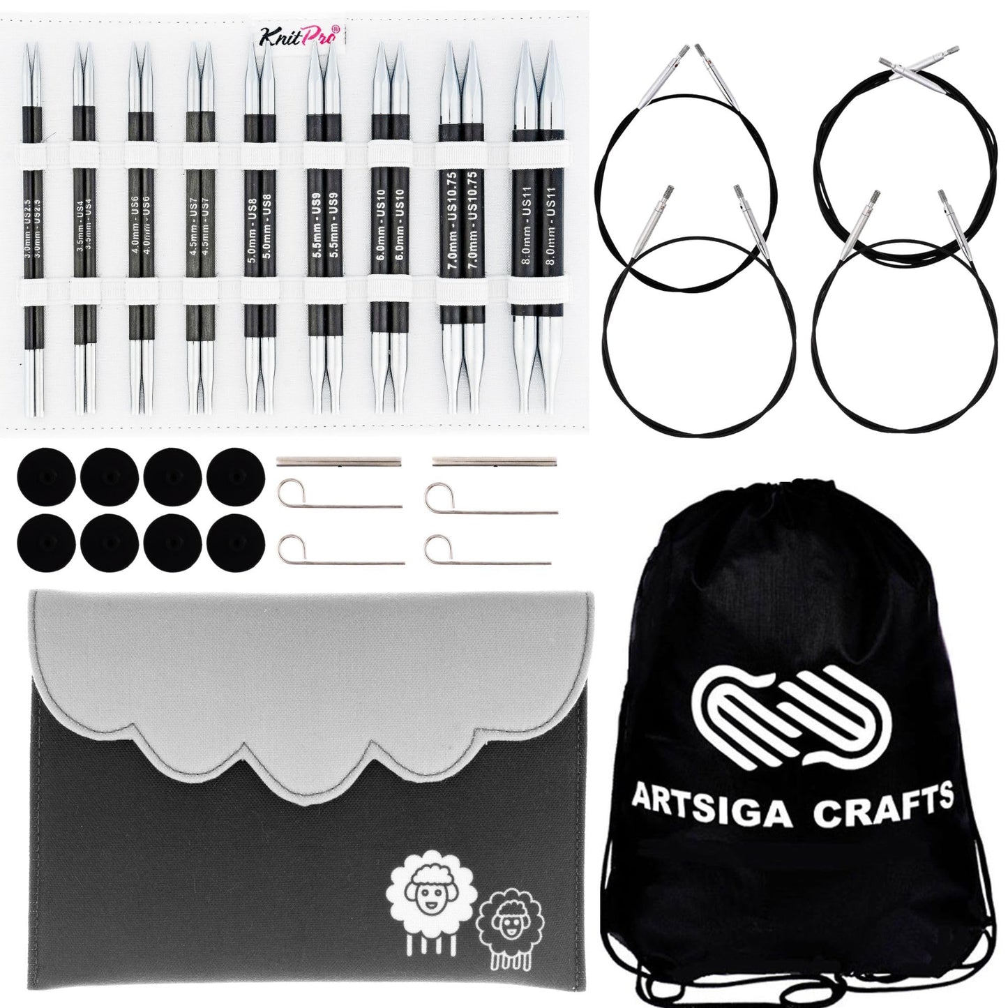 KnitPro Karbonz Deluxe Set 5 inch Circular Knitting Needles Size 2.5, 4, 6, 7, 8, 9, 10, 10.75, 11 Interchangeable, 4 Cables, 8 Caps, 4 Keys, Fabric Case with Project Bag