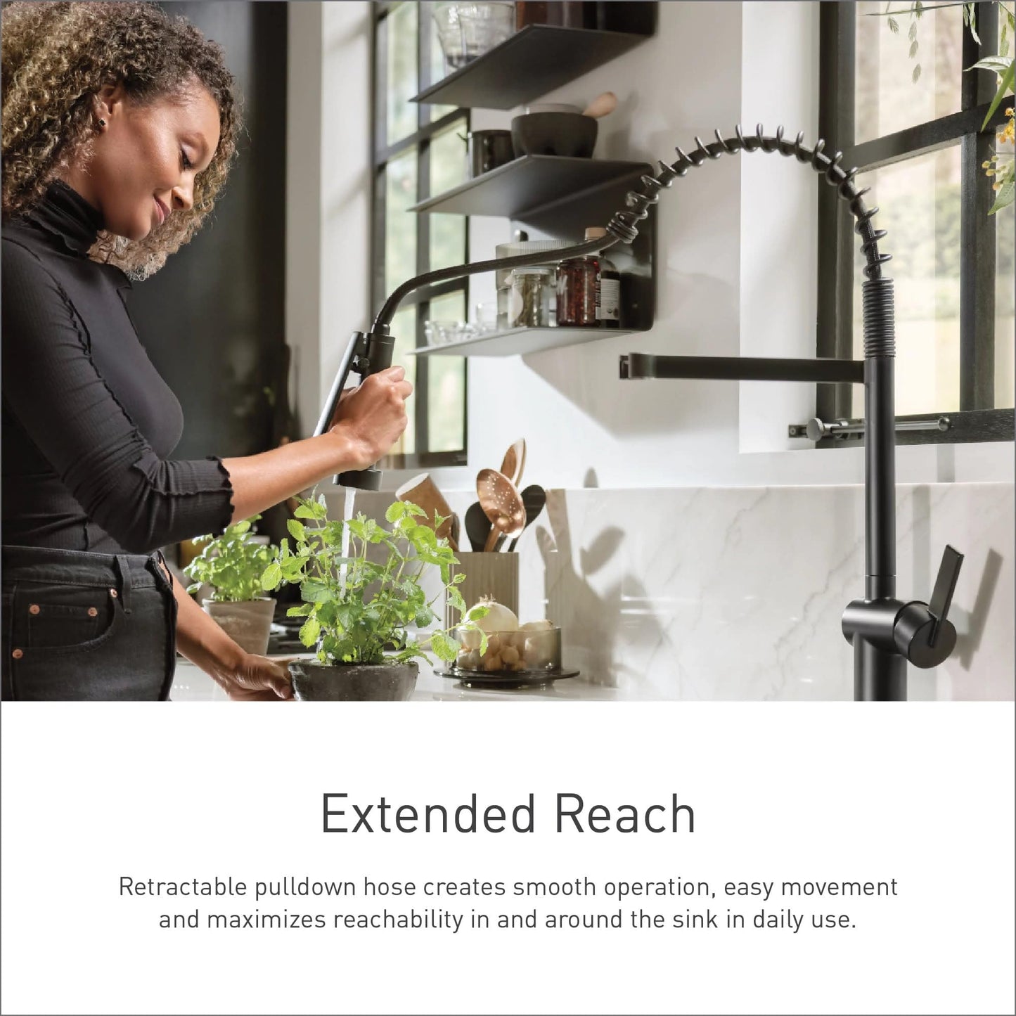 Moen Align Matte Black One-Handle Single Hole Pre-Rinse Spring Kitchen Faucet with Pull Down Sprayer and Power Boost, 5923BL