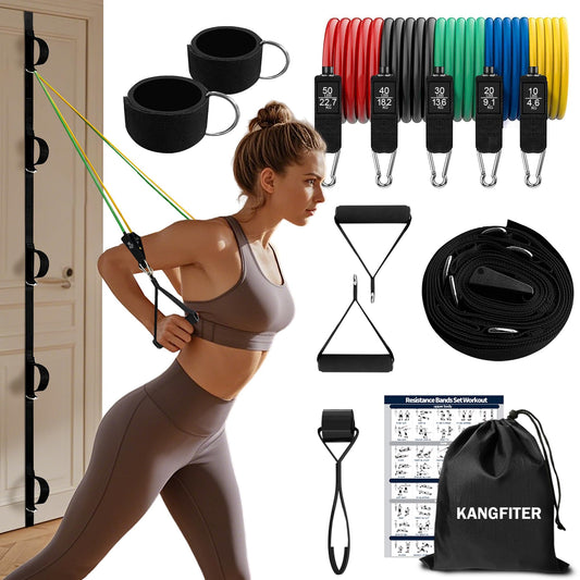 KANGFITER Door Anchor Strap and Resistance Bands for Working Out with Handles, Strength Training Equipment Exercise Bands for Full Body Workout, Non-Slip Multi Point Attachment for Home Gym Fitness