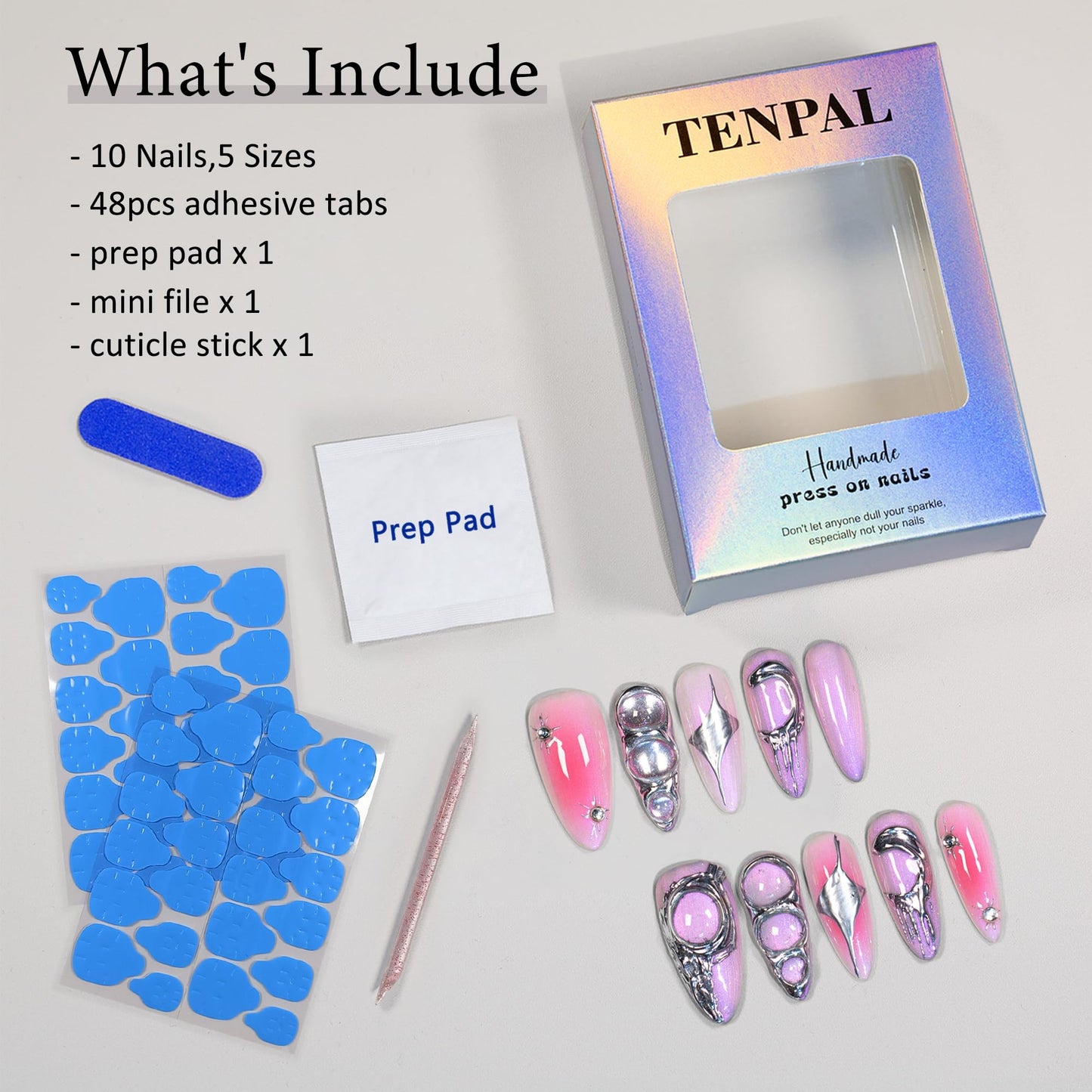 TENPAL Metallic Press on Nails Long Stiletto,Sweet Cool Soft Gel With Aurora Designs,10Pcs/Box Acrylic Handmade Pink Purple y2k False Nails Press Ons For Women Gift(XS)