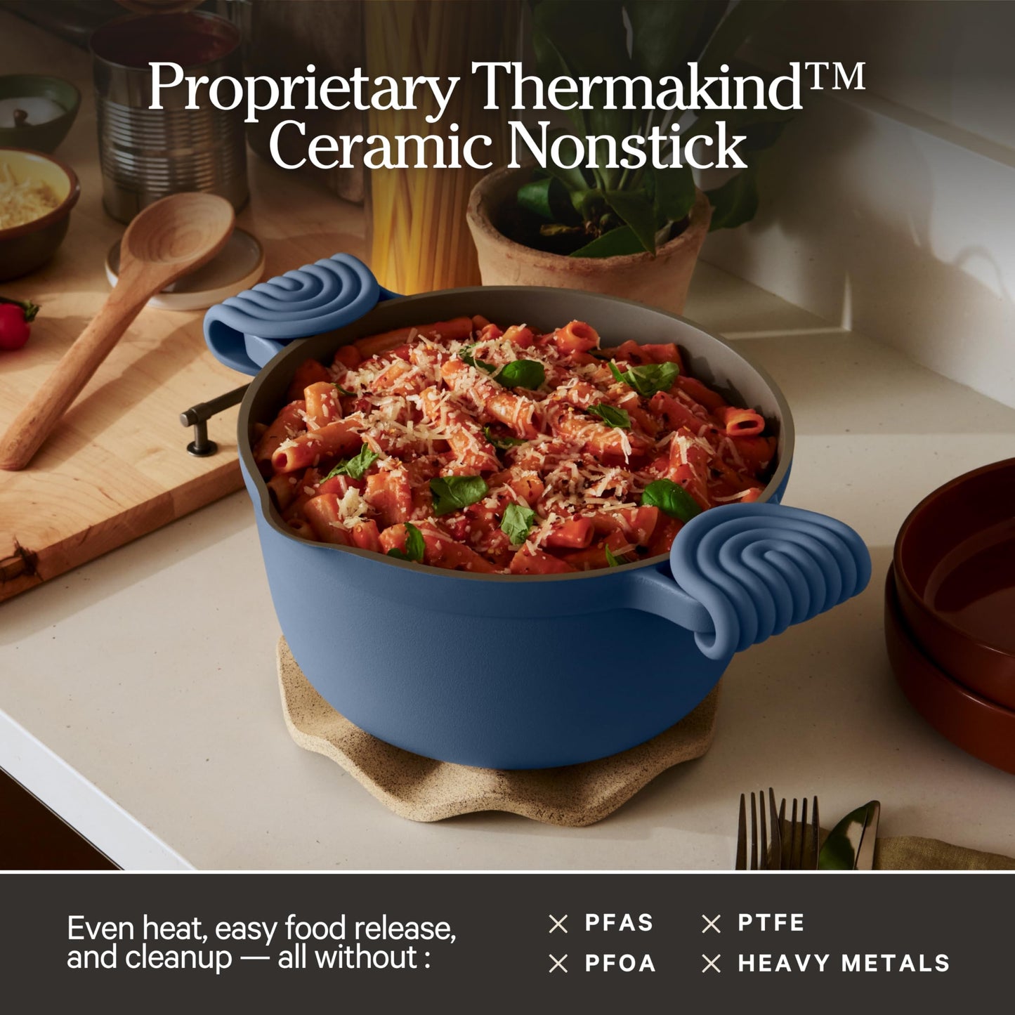 Our Place Perfect Pot | 5.5 Qt Ceramic Pot with Lid & Spatula | Patented 8-in-1, PFAS-Free Nonstick, Non-Toxic Cookware | Induction & Oven-Safe up to 450°F | Blue Salt